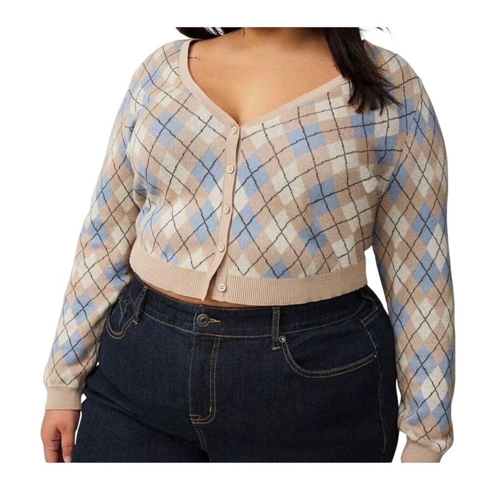 Torrid Womens Sand Blue Traditional Diamond Pattern Motif Argyle Cardigan Size 2